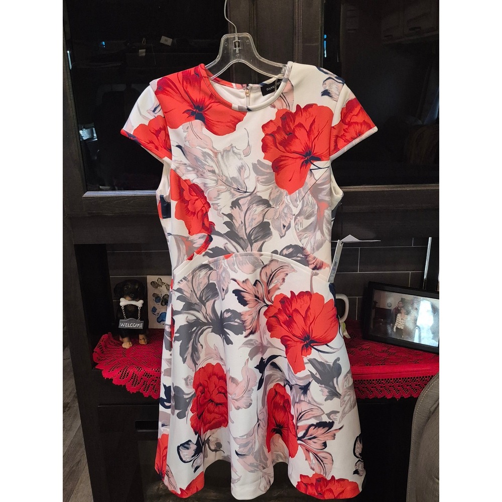Ivanka Trump White Floral Midi Dress with Red Blooms